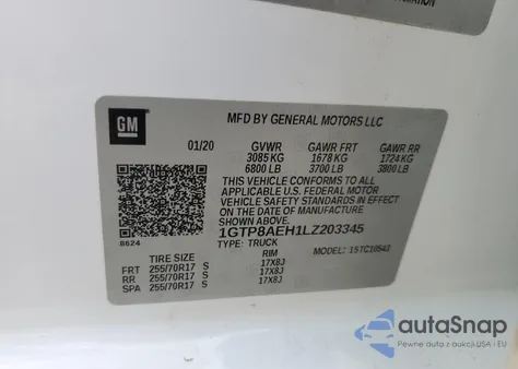 2020 GMC Sierra C1500 from USA, damaged, VIN 1GTP8AEH1LZ203345